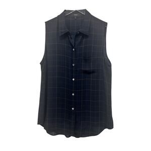 Theory Silk Blouse Tile Print Yarine Navy Blue Brown Sleeveless Size L Academia